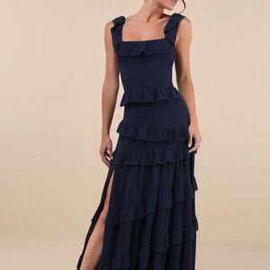 Lulus Compelling Romantic Dark Blue Ruffled Tiered Maxi Dress - Size S